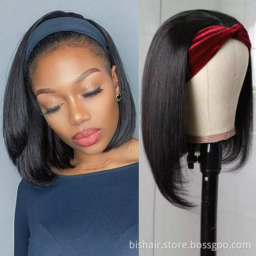 straight Bob Headband Human Hair Wigs For Black Women 150% Remy Brazilian Short Bob Head band Gluless Machine Made Scarf Wigs